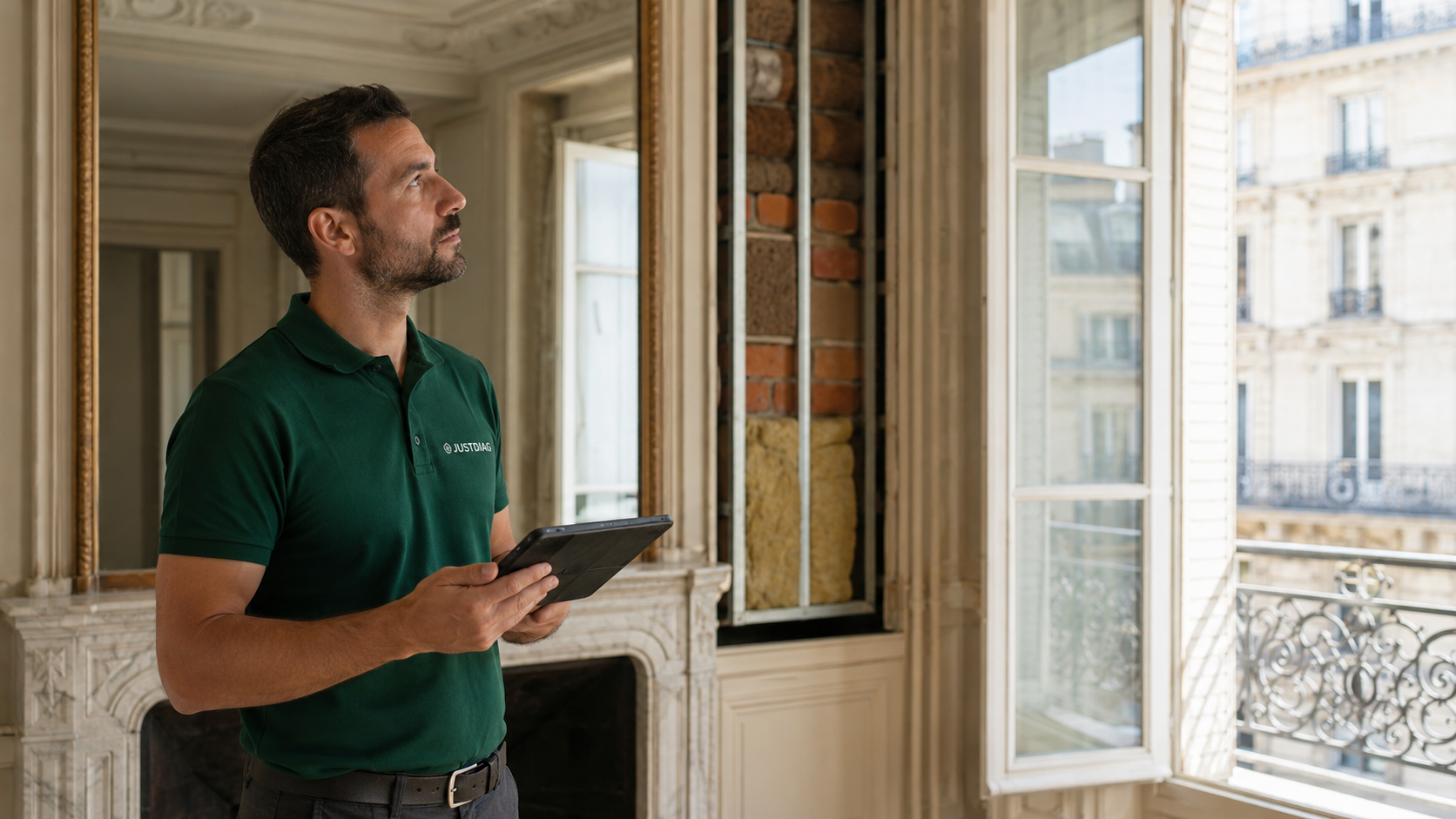 Diagnostiqueur JUSTDIAG réalisant un diagnostic amiante dans un logement ancien