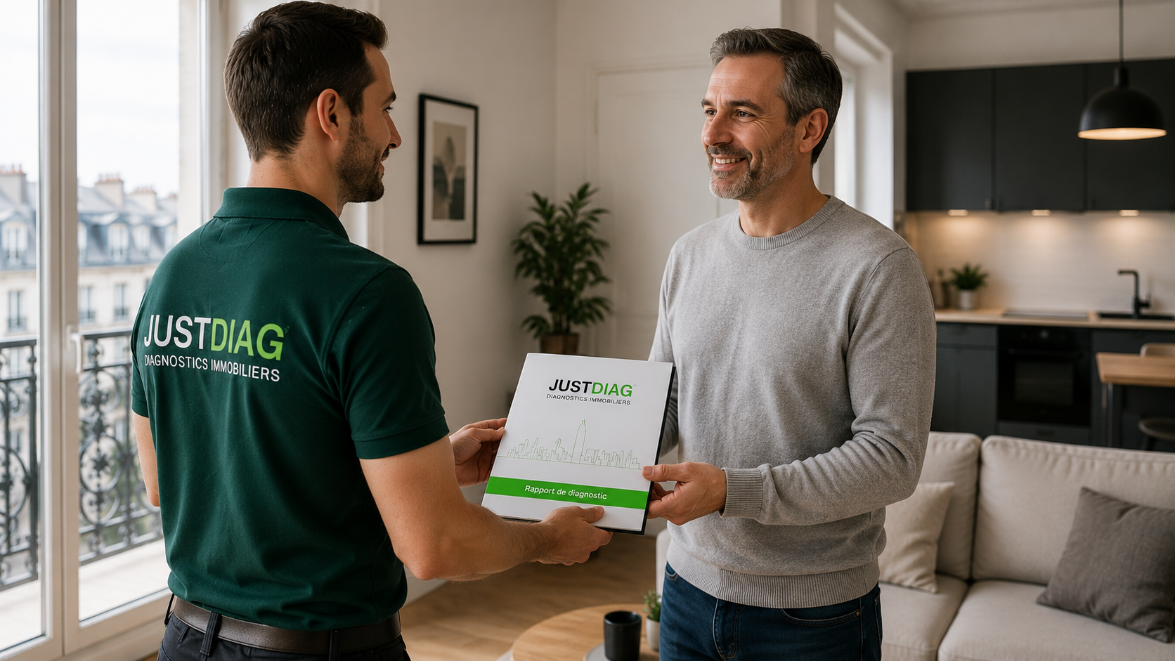 Mehdi Laroussi remet un dossier de diagnostics immobiliers à un propriétaire avant une vente ou une location