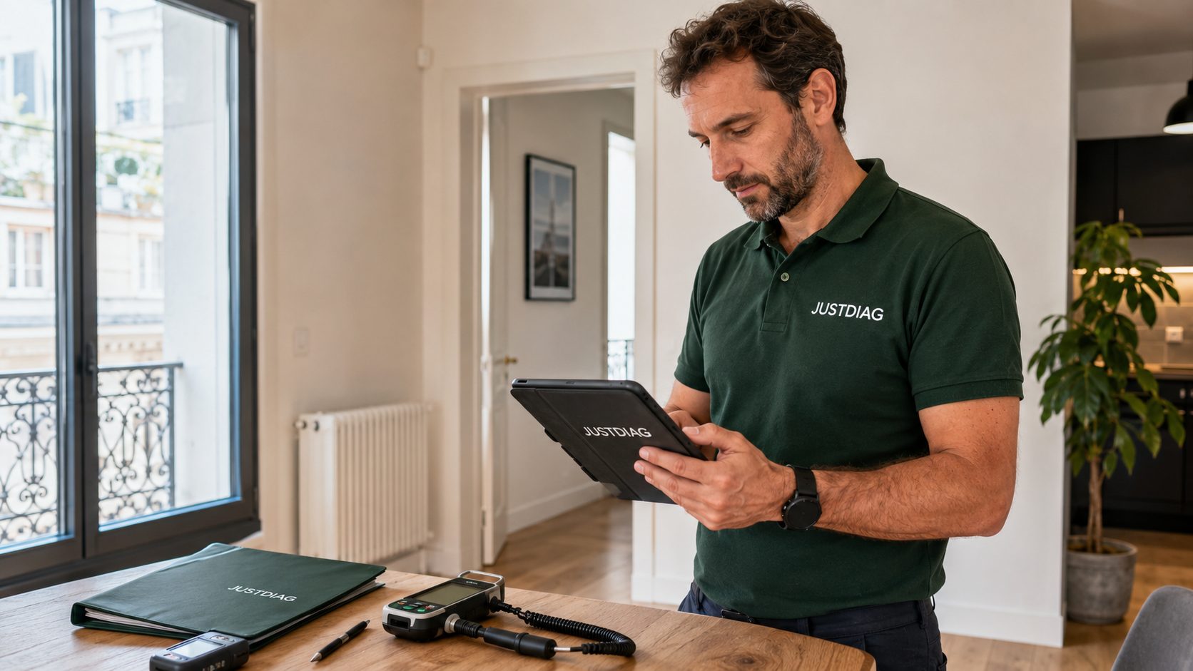 Diagnostiqueur JUSTDIAG réalisant un DPE dans un appartement