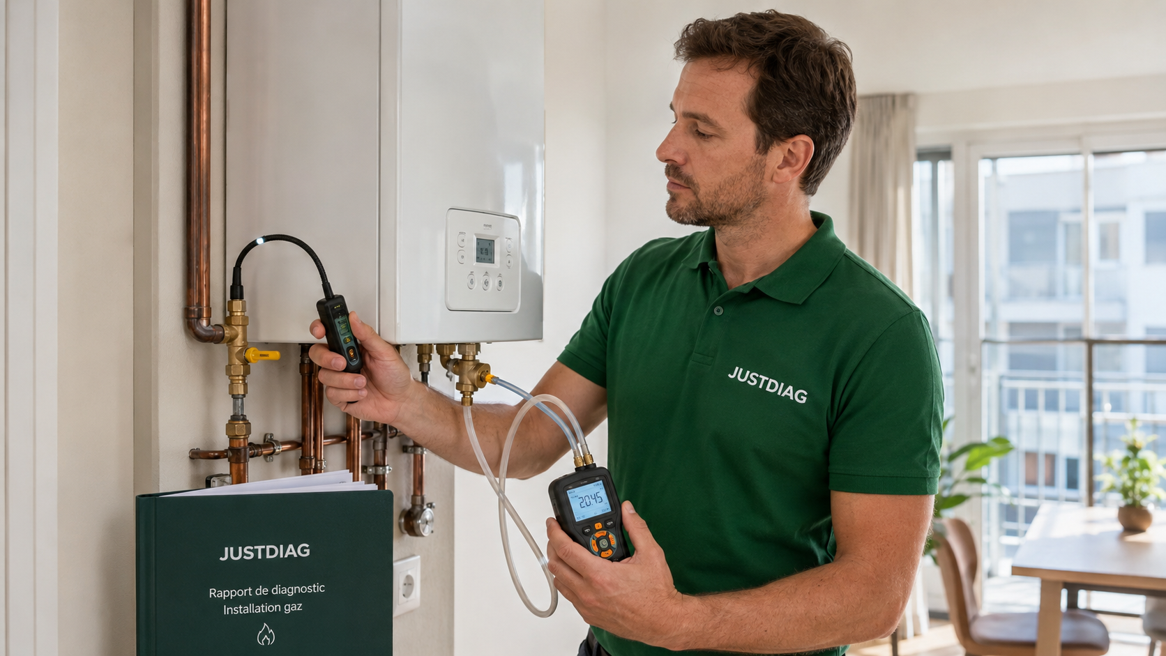 Diagnostiqueur JUSTDIAG contrôlant une chaudière avec un détecteur de gaz et un manomètre