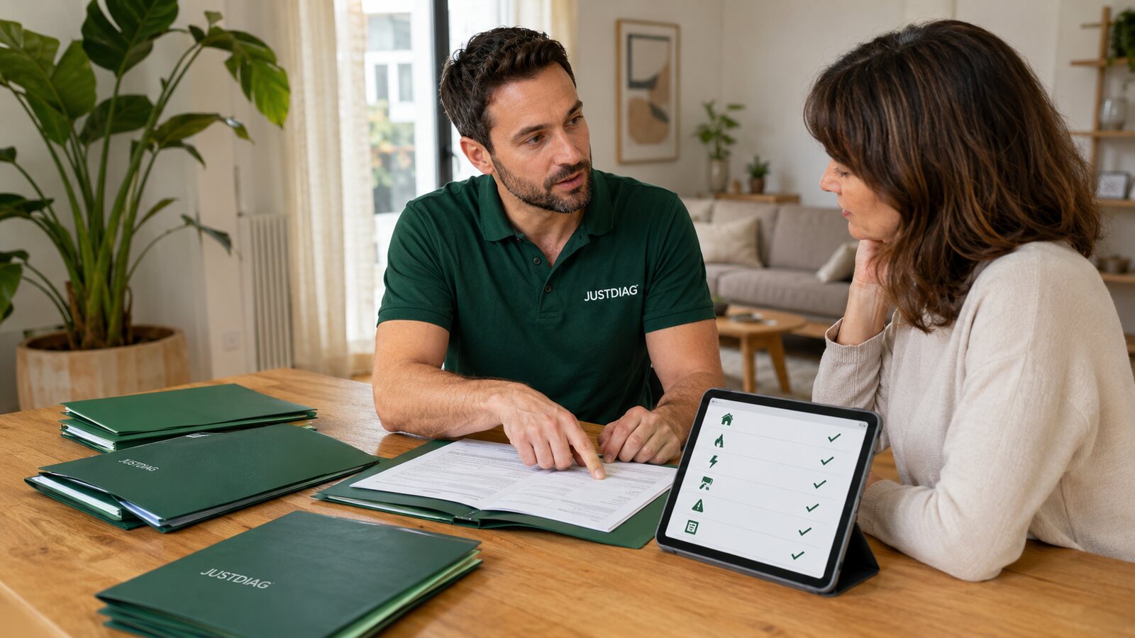Diagnostiqueur JUSTDIAG préparant un pack de diagnostics location avec une propriétaire bailleur à Montreuil