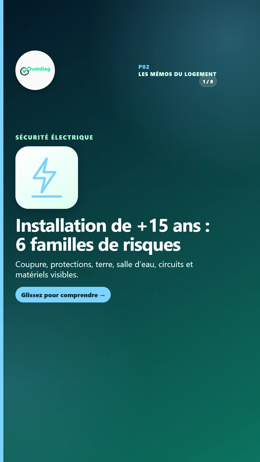 Mémo JUSTDIAG sur les six familles de risques contrôlées dans une installation électrique de plus de quinze ans