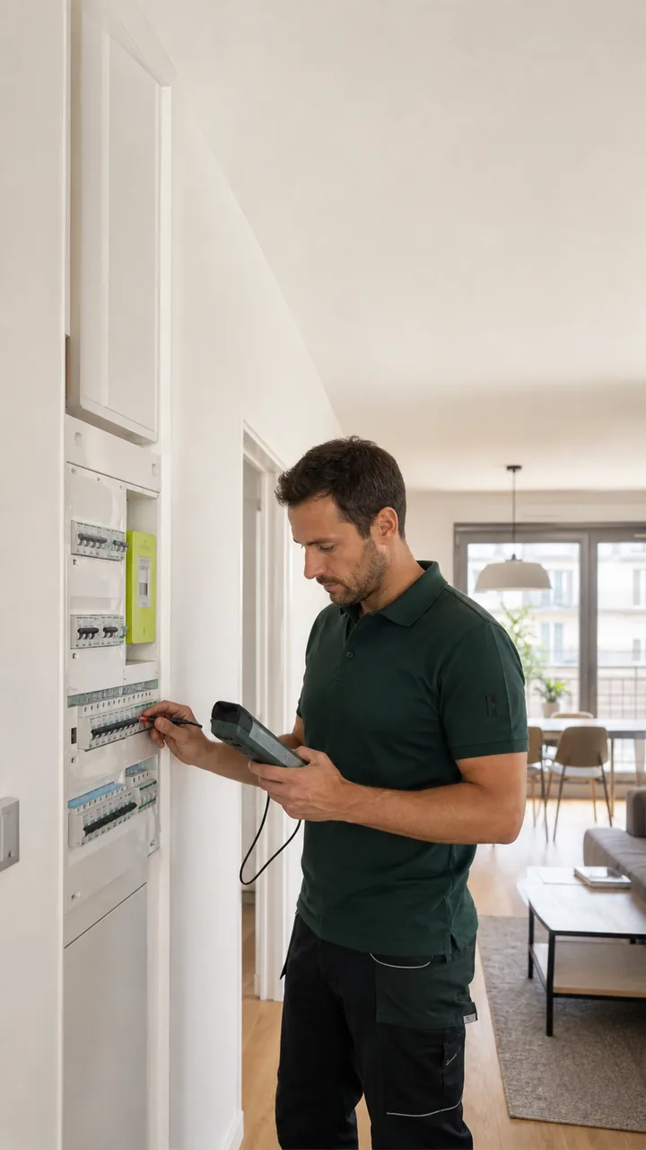 Diagnostiqueur JUSTDIAG contrôlant un tableau électrique récent dans un appartement