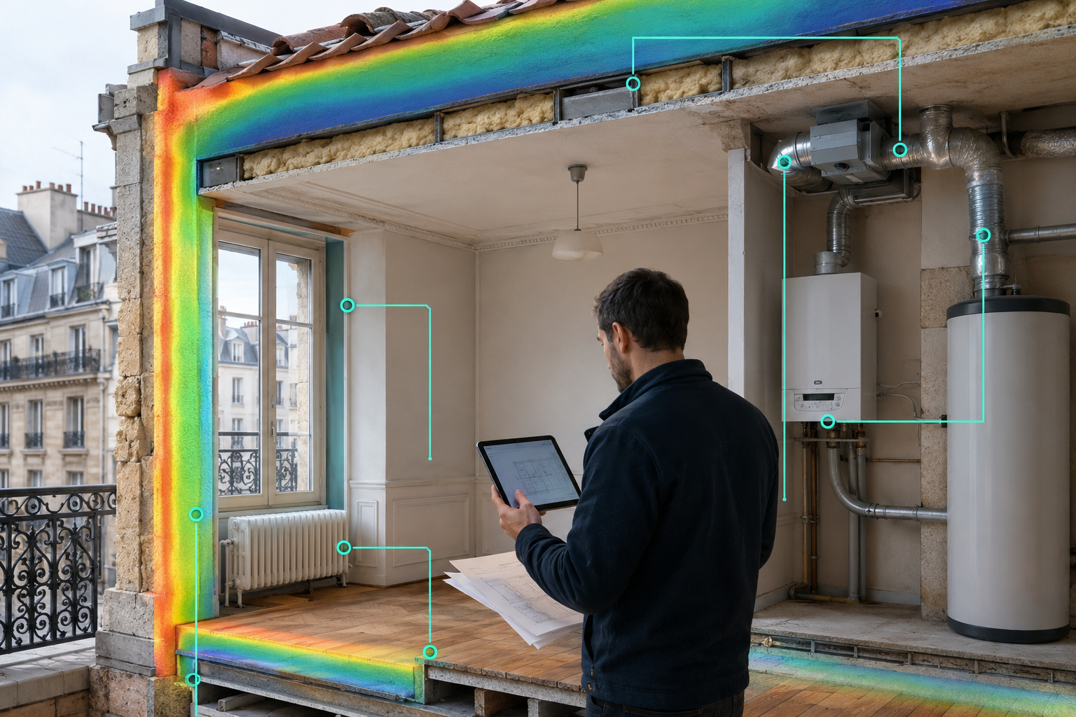 Visualisation technique de l'enveloppe, du chauffage, de l'eau chaude et de la ventilation étudiés pour un DPE