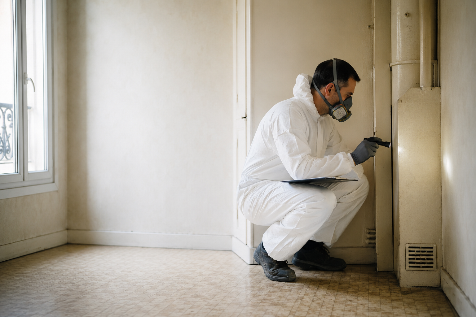 Professionnel équipé réalisant une inspection visuelle prudente dans un logement ancien