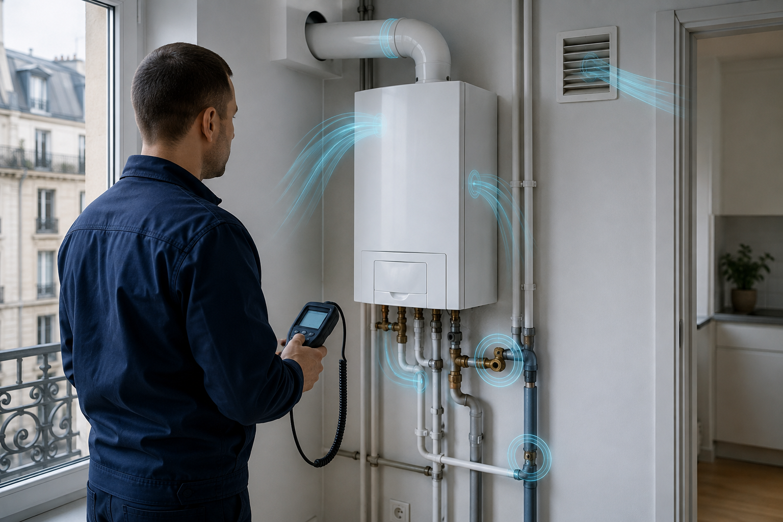 Visualisation des points accessibles, de la ventilation et de l'évacuation observés autour d'une installation gaz