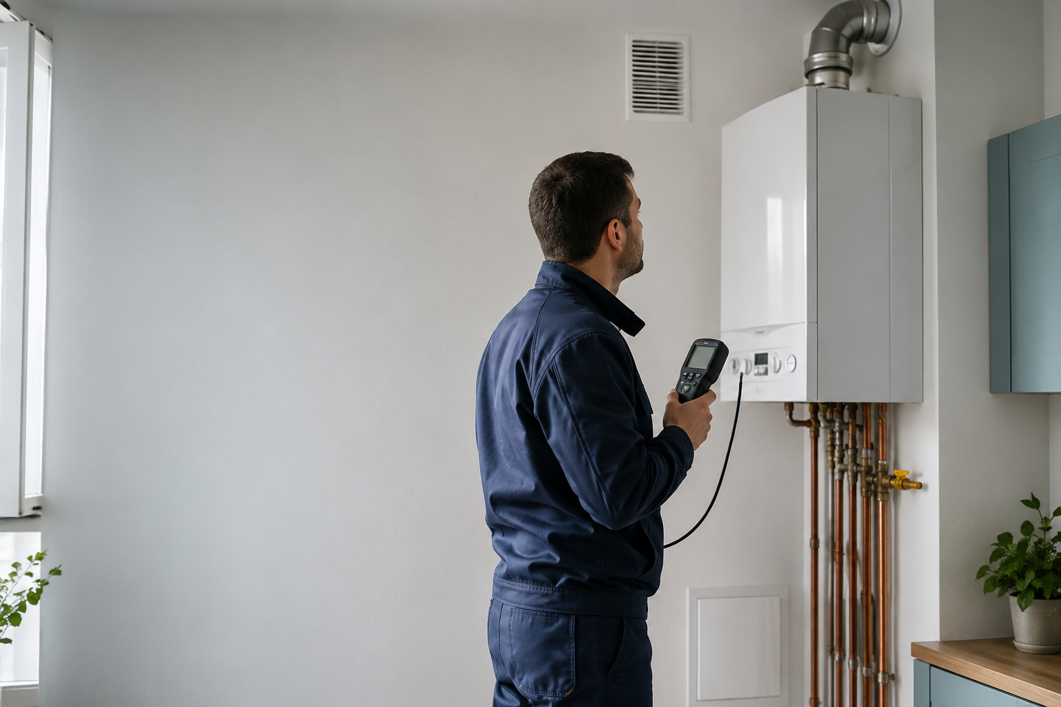 Diagnostiqueur contrôlant une chaudière et sa ventilation dans un logement