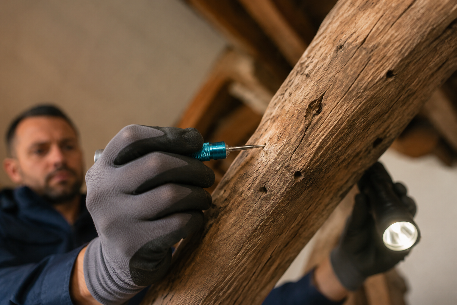 Main gantée utilisant un poinçon pour examiner avec précaution un bois accessible