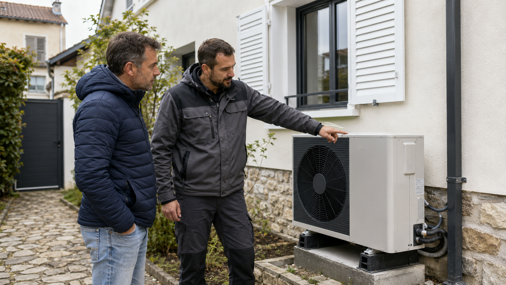 Propriétaire et professionnel vérifiant une pompe à chaleur pour un projet éco-PTZ