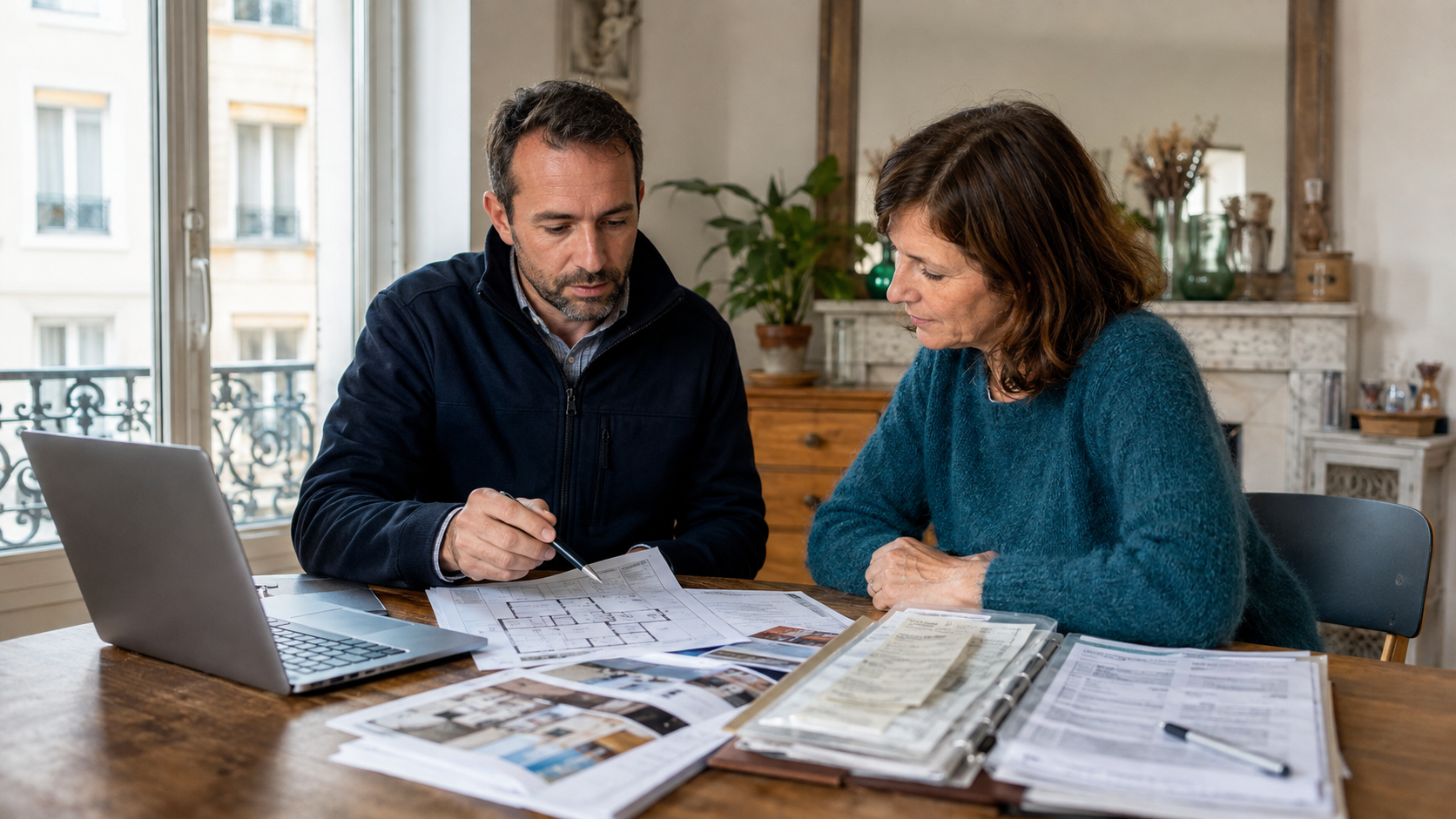 Diagnostiqueur immobilier étudiant les plans et anciens rapports avec une propriétaire à Montreuil