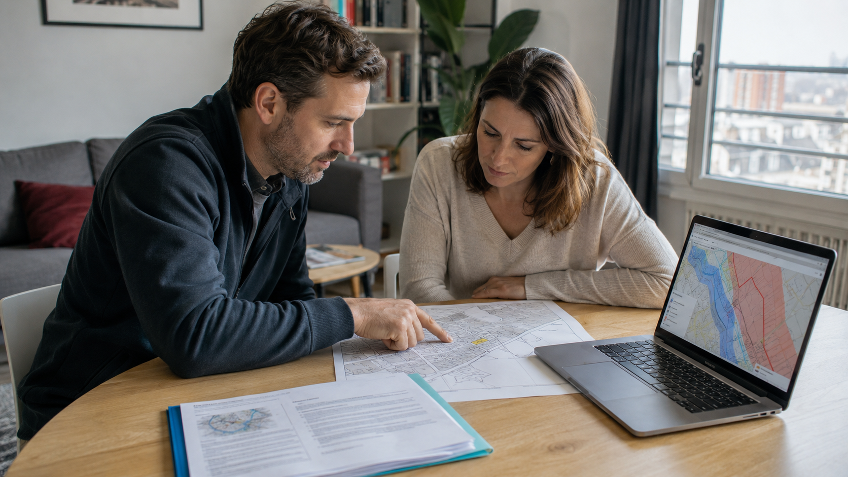 Diagnostiqueur et propriétaire vérifiant une carte des risques avant la signature