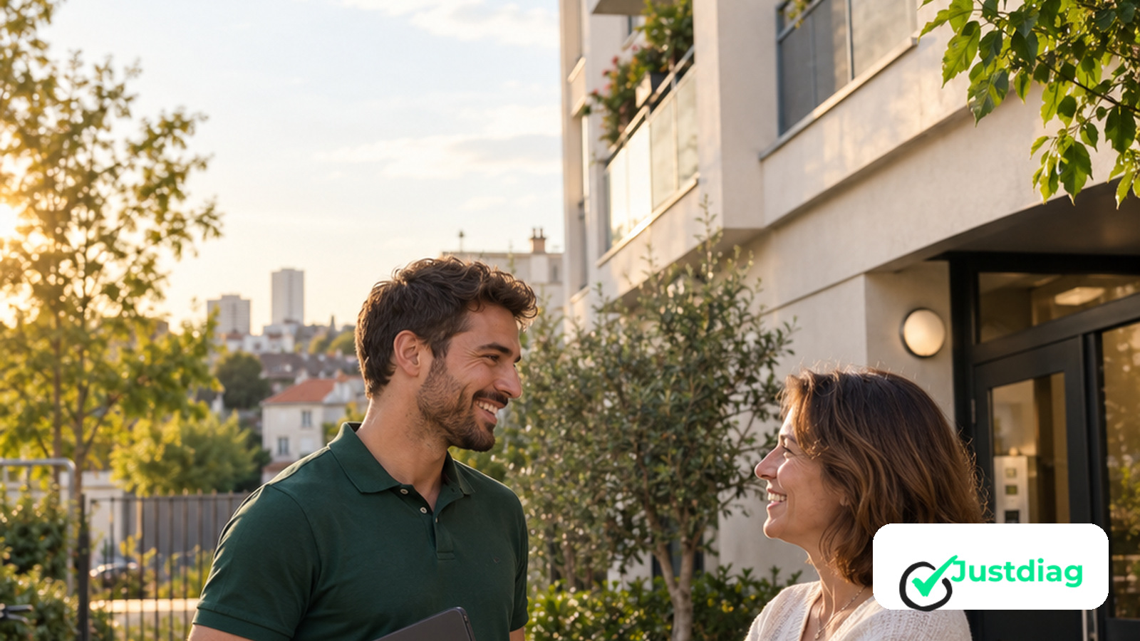 Diagnostiqueur JUSTDIAG échangeant avec une représentante de conseil syndical devant une copropriété