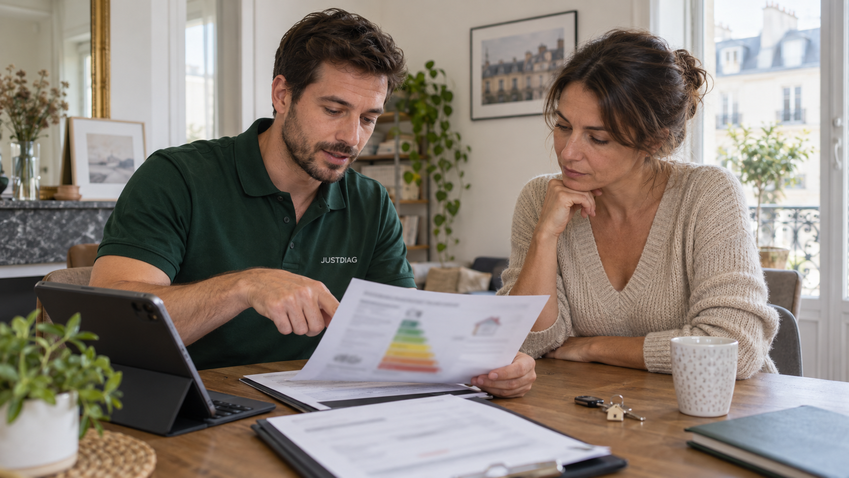 Diagnostiqueur JUSTDIAG expliquant un rapport énergétique à une propriétaire