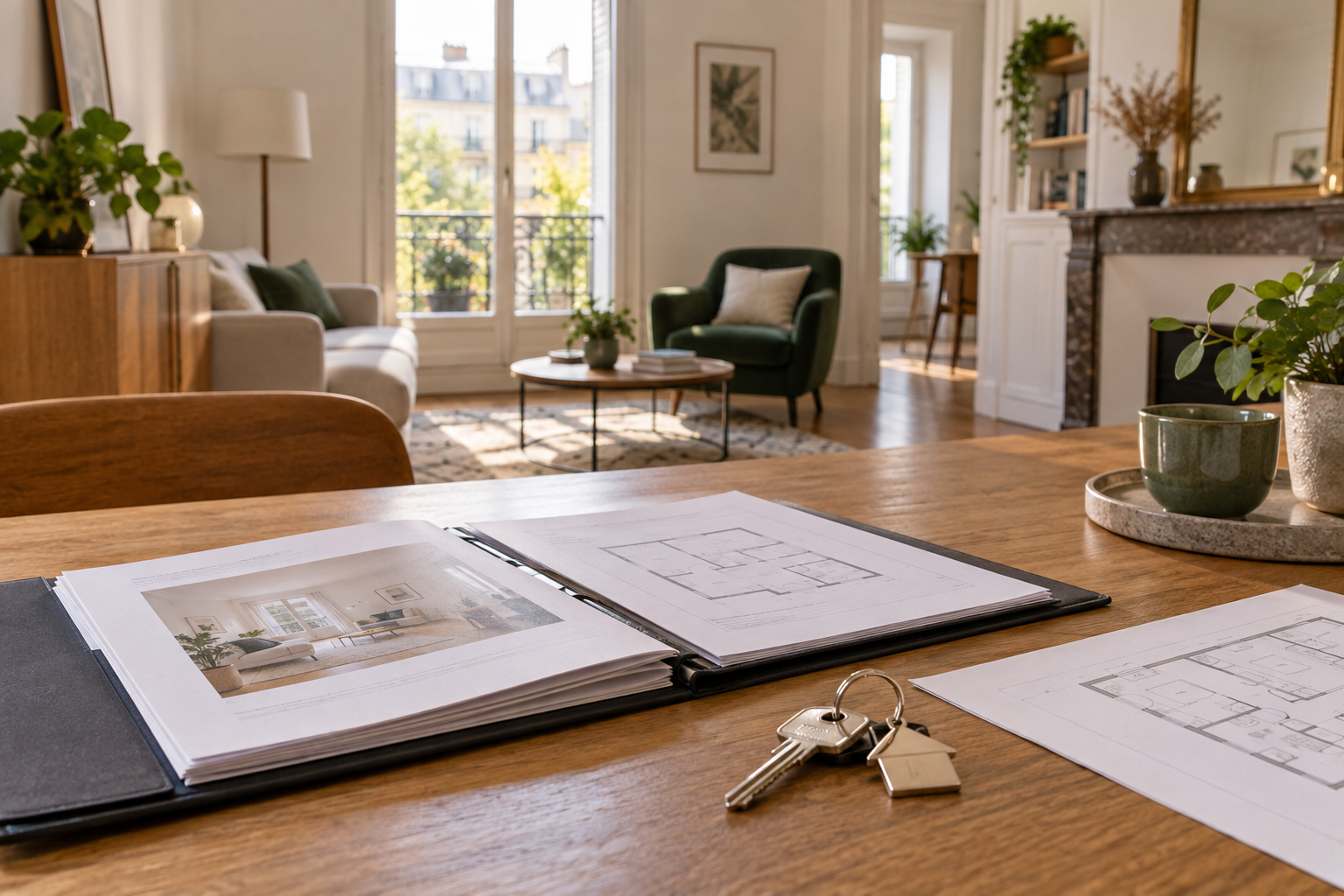 Dossier immobilier, plan et clés dans un appartement lumineux : préparer une vente à Montreuil. Illustration.
