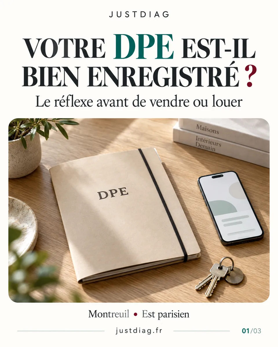 Illustration : dossier DPE et t&eacute;l&eacute;phone sur une table, pour v&eacute;rifier l&rsquo;enregistrement du diagnostic.