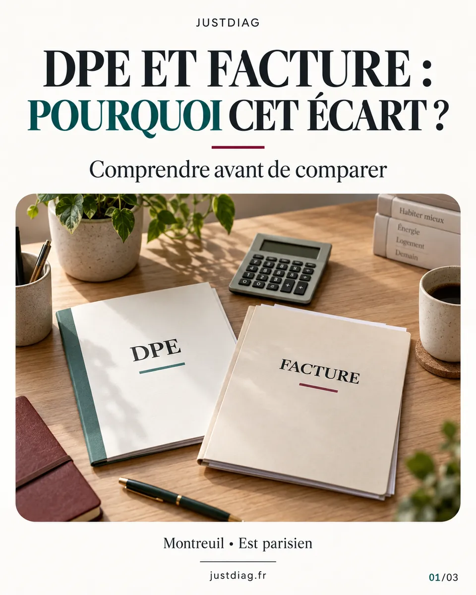Illustration : rapport DPE et facture d&rsquo;&eacute;nergie c&ocirc;te &agrave; c&ocirc;te dans un logement.