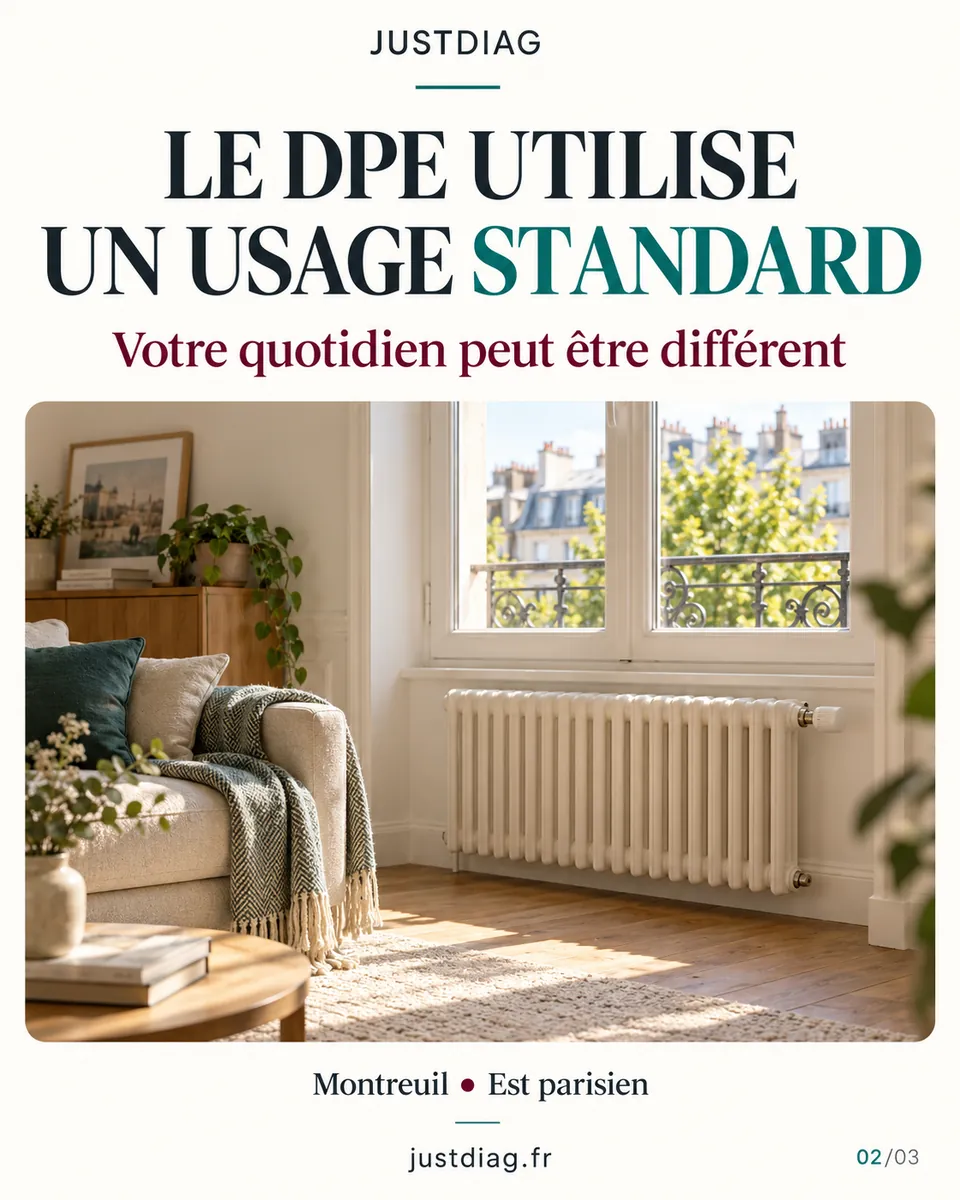 Illustration d&rsquo;un radiateur et d&rsquo;un thermostat : distinguer usage standard du DPE et habitudes r&eacute;elles.