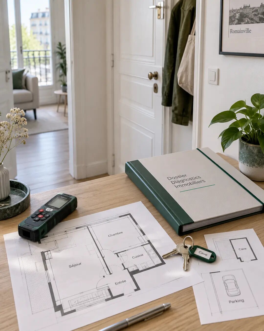 Dossier de diagnostics, plan d’appartement et clés de cave et de parking avant la vente d’un appartement à Romainville.