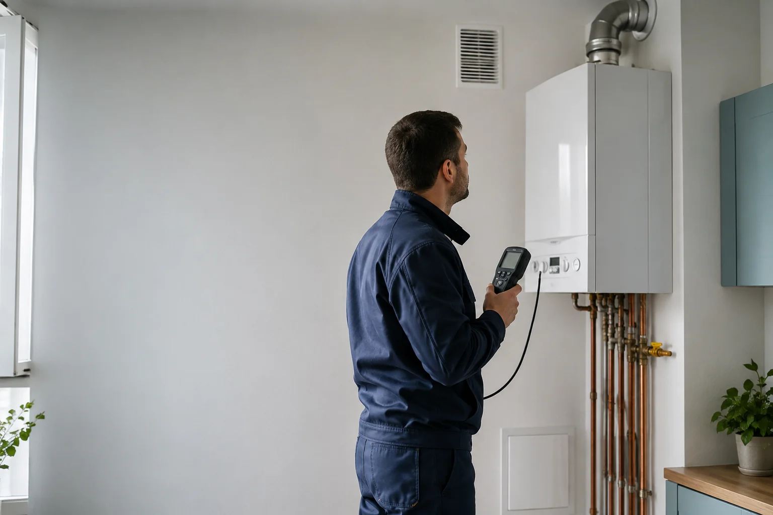 Diagnostiqueur contr&ocirc;lant une chaudi&egrave;re et sa ventilation dans un logement
