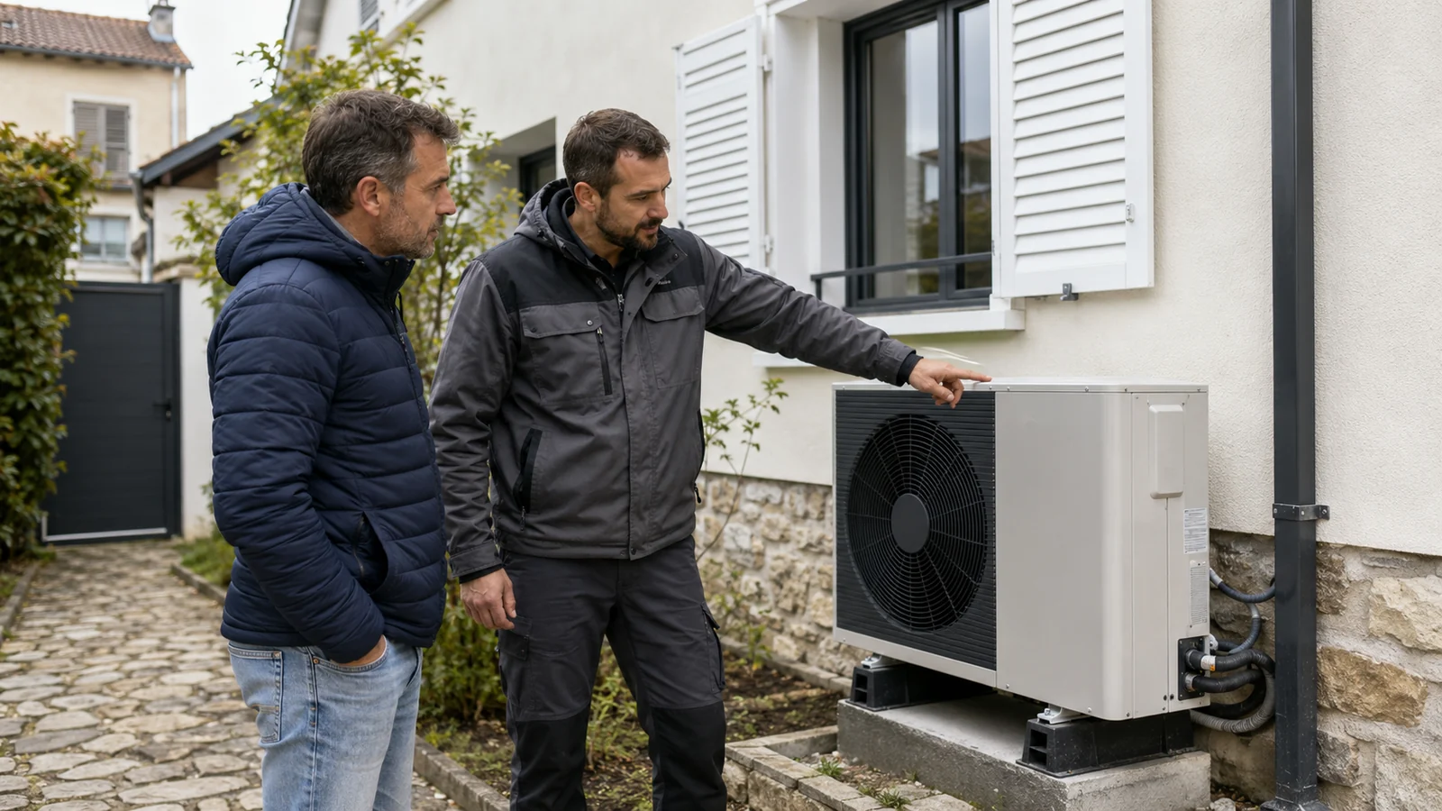Propri&eacute;taire et professionnel v&eacute;rifiant une pompe &agrave; chaleur pour un projet &eacute;co-PTZ
