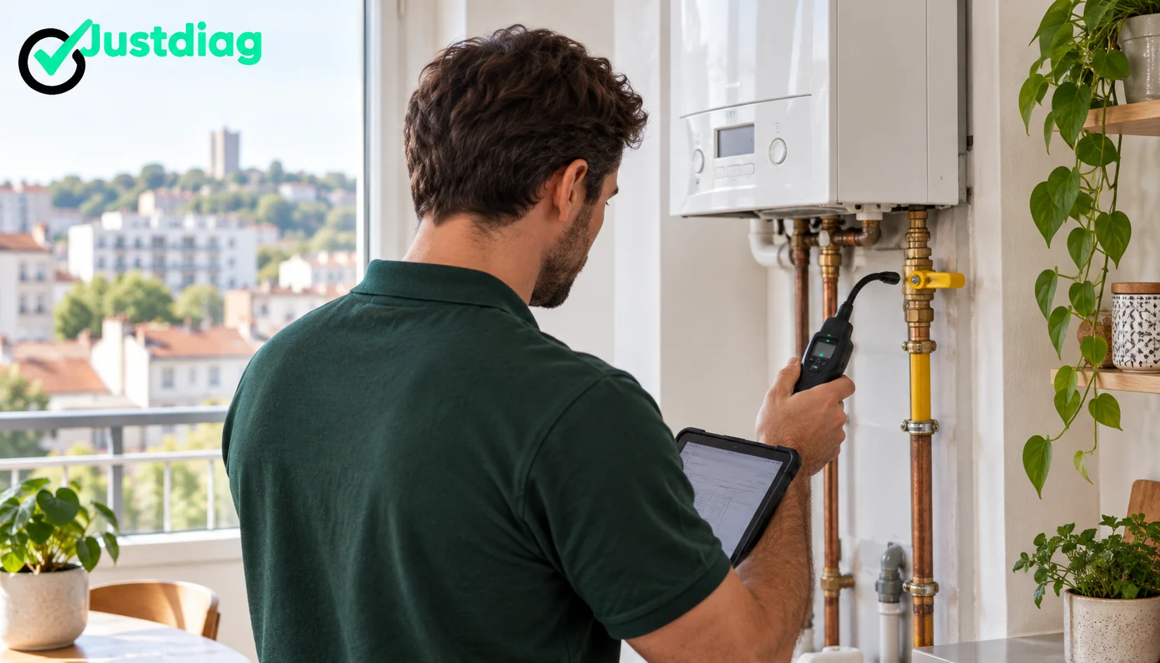 Diagnostiqueur contrôlant une installation intérieure de gaz ancienne dans un appartement à Montreuil