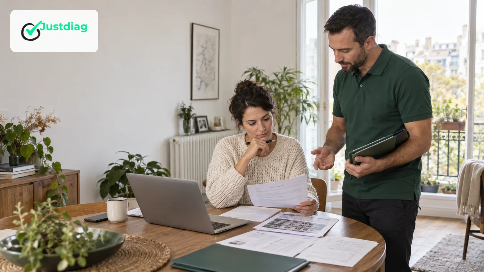 Propri&eacute;taire et diagnostiqueur pr&eacute;parant les documents de copropri&eacute;t&eacute; avant un DPE dans un appartement &agrave; Montreuil