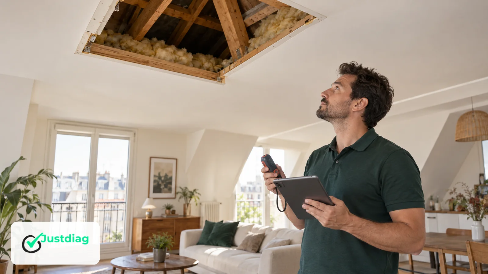 Diagnostiqueur JUSTDIAG observant une trappe de combles dans un appartement au dernier étage.