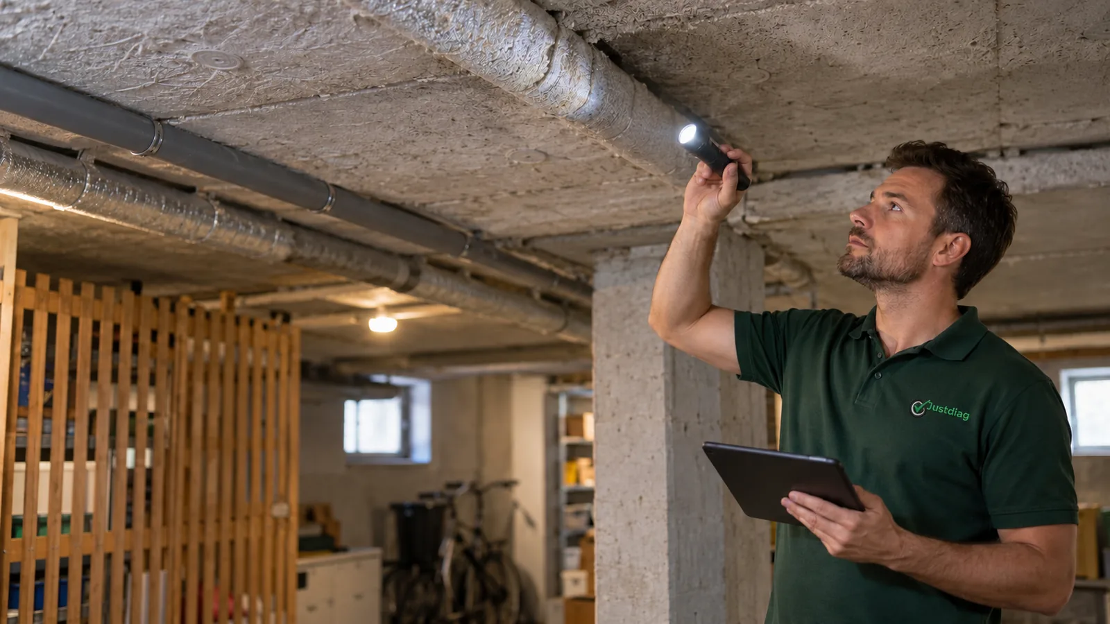 Diagnostiqueur JUSTDIAG observant le plafond d’une cave sous un appartement à Montreuil.