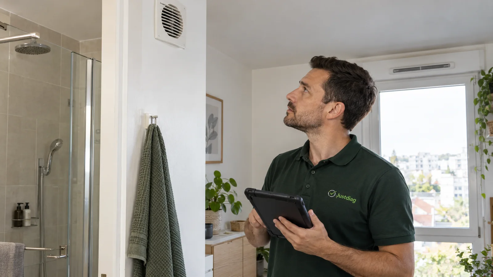 Diagnostiqueur JUSTDIAG observant une bouche de ventilation et une entrée d'air dans un appartement à Montreuil