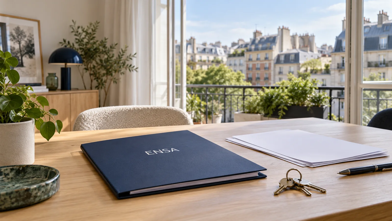 Carnet marqu&eacute; ENSA, documents et cl&eacute;s sur une table devant une fen&ecirc;tre ouverte sur des toits urbains.